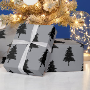 Modern Grey Black Christmas Tree Pattern Holiday Wrapping Paper