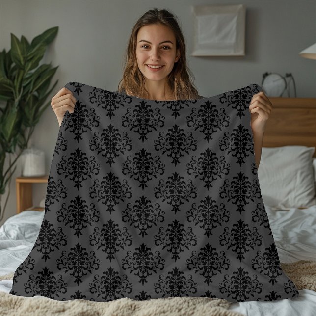 Modern Grey Black Damask Pattern Fleece Blanket (Creator Uploaded)
