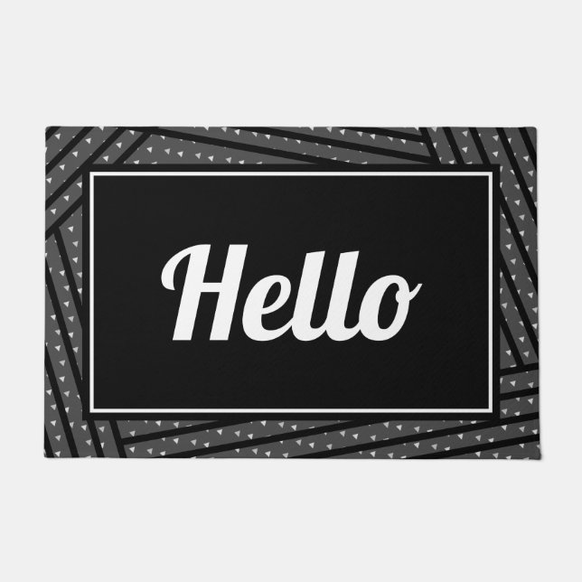 Modern Grey & Black Stripe & Triangle Hello Script Doormat (Front)