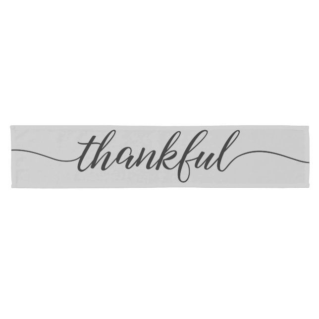 Modern Grey Black Thankful script Thanksgiving Short Table Runner (Horizontal)