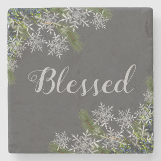 Modern Grey Blessed Snowflake & Pine Stone Coaster