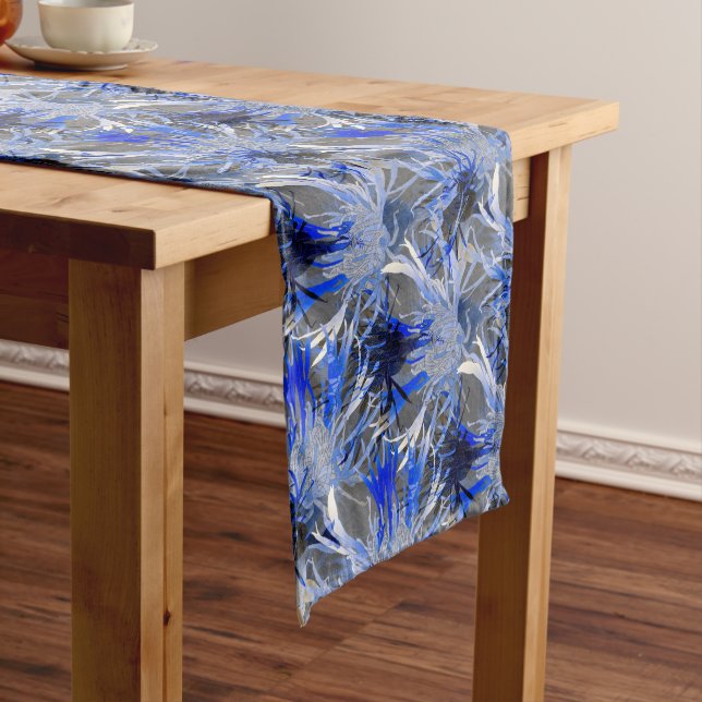 Modern Grey & Blue Artistic Floral Pattern Medium Table Runner (In Situ)