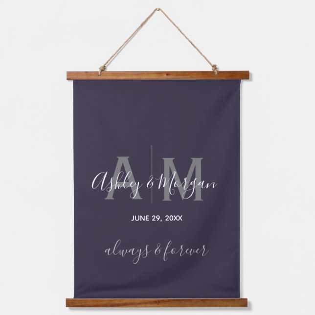 Modern Grey & Blue  Monogram Wedding   Hanging Tapestry (Front)