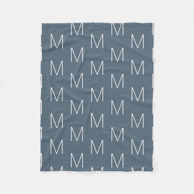 Modern grey blue white custom monogram initial fleece blanket (Front)