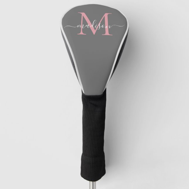 Modern Grey Blush Pink Monogram Girly Chic Script Golf Head Cover (Front)