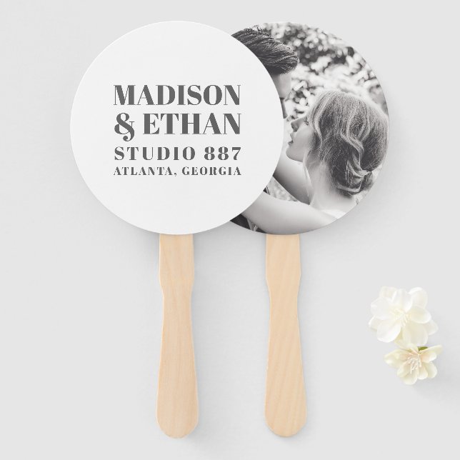 Modern Grey Bold Block Letters Photo Wedding Hand Fan (Front and Back)