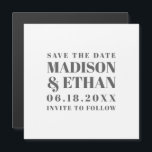 Modern Grey Bold Typography Save the Date Magnetic Invitation<br><div class="desc">Modern typography magnetic save the date with your wedding details in large, grey bold block letters, over a white background. A simple, contemporary design that is great for the minimalist couple. DESIGN TIP: In order to get the lines to be the same length, click the customise button and increase/decrease the...</div>