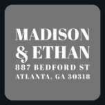 Modern Grey Bold Typography Wedding Return Address Square Sticker<br><div class="desc">Modern typography wedding stickers with your names and return address in large, white bold block letters, over a grey background. The font and background colours may be changed to any colours you wish. These simple, contemporary return address labels are great for the minimalist couple who is having an informal or...</div>