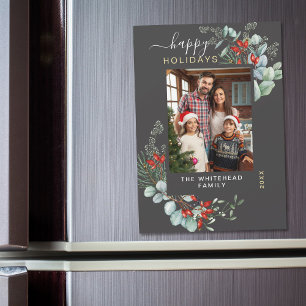 Modern Grey Botanical Christmas Photo Card Magnet