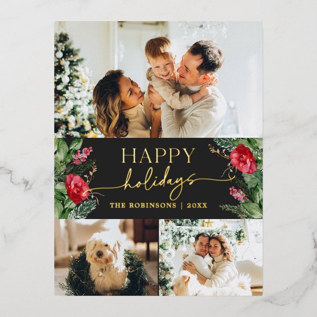 Modern Grey Botanical Foliage 3 Photo Foil Holiday Postcard (Front)