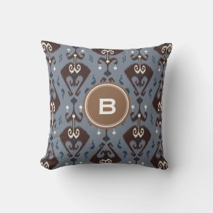 Modern grey brown ikat tribal pattern monogram cushion