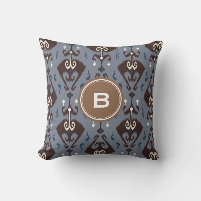 Modern grey brown ikat tribal pattern monogram cushion (Front)