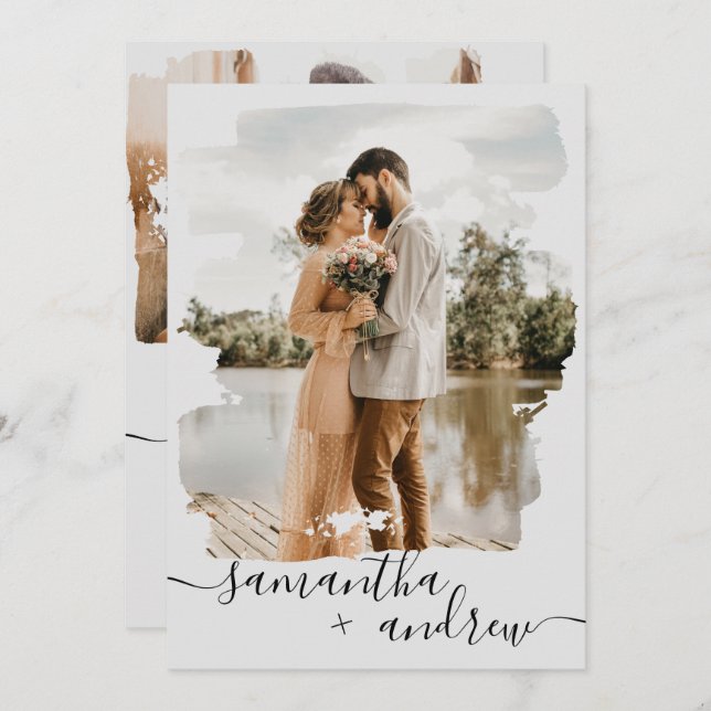 Modern grey brushstroke script 2 photos wedding invitation (Front/Back)