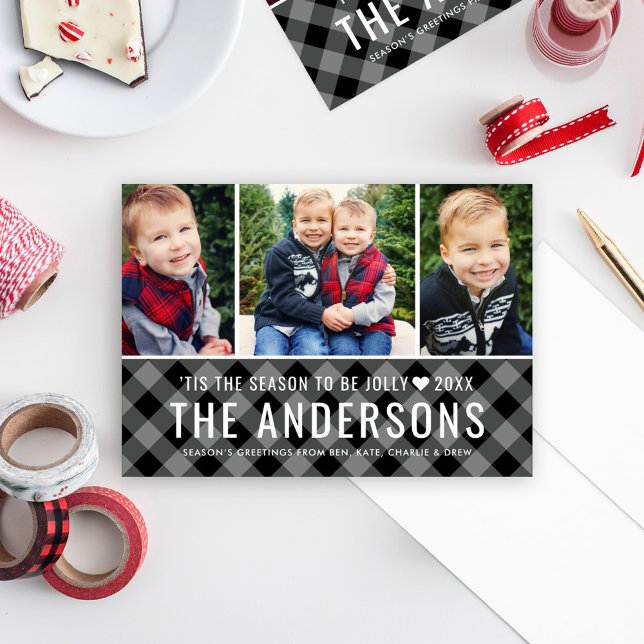 Modern Grey Buffalo Plaid Family Photo Collage Holiday Card (Creator Uploaded)