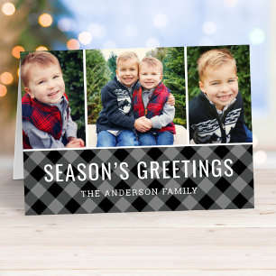 Modern Grey Buffalo Plaid Photo Collage Holiday Card