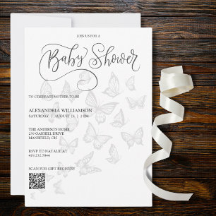 Modern Grey Butterflies Baby Shower QR Code Invitation