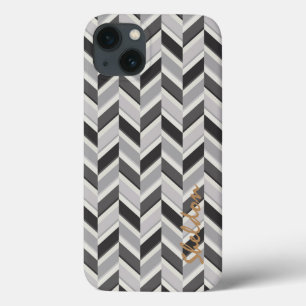 Modern grey chevron geometric pattern monogram iPhone 13 case