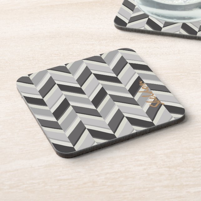 Modern grey chevron geometric pattern monogram coaster (Left Side)