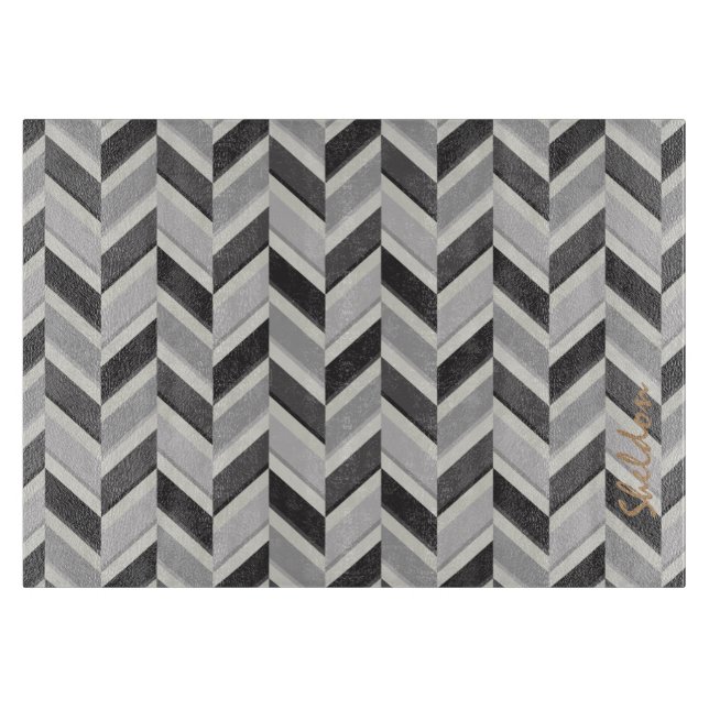 Modern grey chevron geometric pattern monogram cutting board (Front)