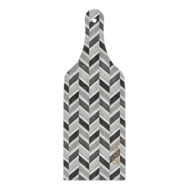 Modern grey chevron geometric pattern monogram cutting board (Front)