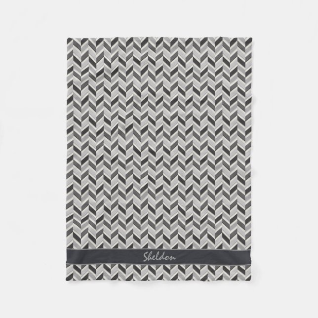 Modern grey chevron geometric pattern monogram fleece blanket (Front)