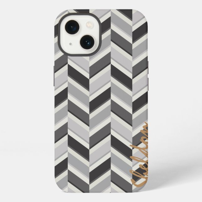 Modern grey chevron geometric pattern monogram iPhone case (Back)