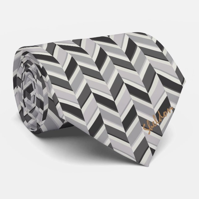 Modern grey chevron geometric pattern monogram tie (Rolled)