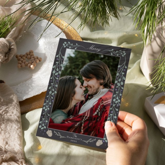 Modern Grey Christmas Botanical Folded Photo Holiday Card (Creator Uploaded)