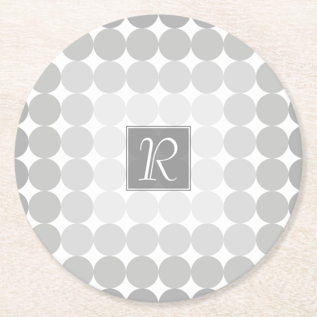 Modern Grey Circles Monogram Round Paper Coaster (Front)