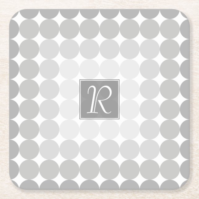 Modern Grey Circles Monogram Square Paper Coaster (Front)