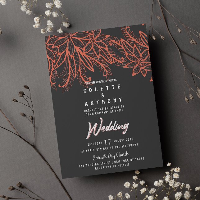 Modern grey coral summer floral theme Wedding  Invitation (Modern gray coral summer floral theme Wedding)
