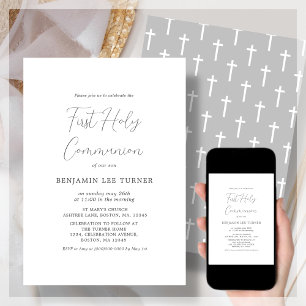 Modern Grey Cross   First Communion Invitation