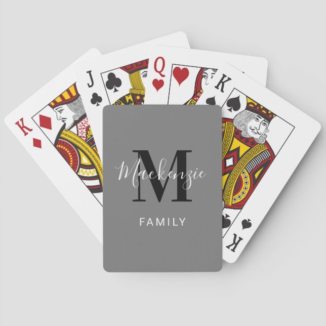 Modern Grey Custom Family Monogram Initial Playing Cards (Back)