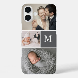 Modern Grey Custom Monogram Photo Collage iPhone 16 Plus Case