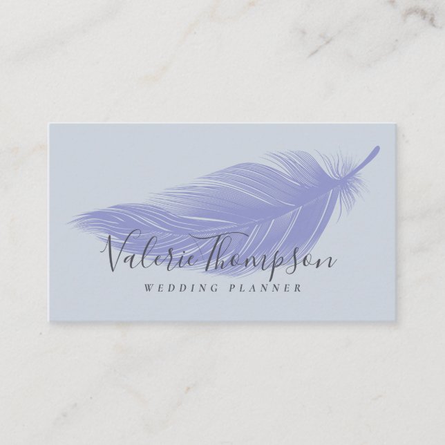 Modern grey dusty blue chic elegant boho feather business card (Front)
