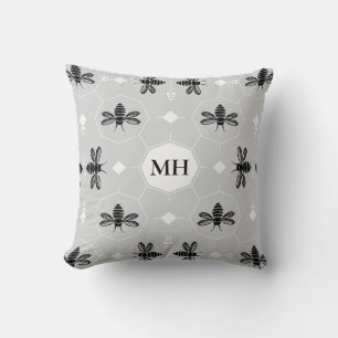 Modern Grey Elegant Black Bee Pattern Monogram Cushion