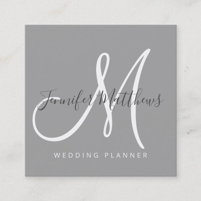 Modern Grey Elegant Script Signature Monogram Logo Square Business Card (Front)