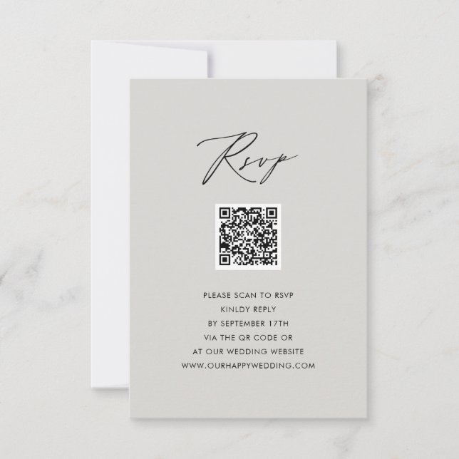 Modern Grey Elegant Script Simple QR Wedding RSVP Card (Front)