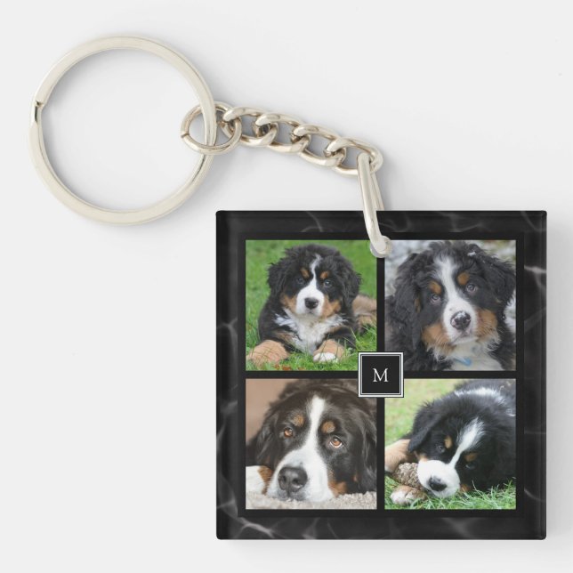 Modern grey family custom photo collage monogram key ring (Front)