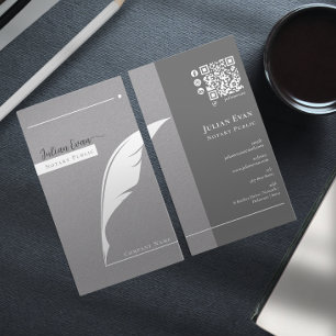 Modern Grey Feather Pen nib Logo Notary Public Business Card