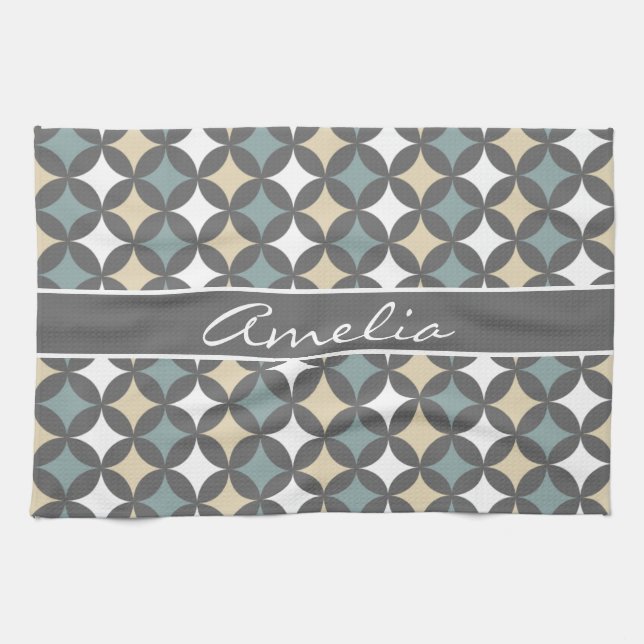 Modern Grey Geometric Circle Pattern Monogram Tea Towel (Horizontal)