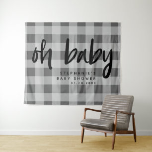 Modern Grey Gingham Baby Shower Backdrop Tapestry