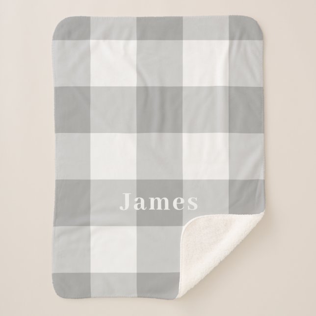 Modern Grey Gingham Pattern Monogram Name Sherpa Blanket (Front)