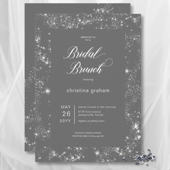 Modern Grey Glam Diamond Frame Bridal Brunch Invitation (Modern Gray Glam Diamond Frame Bridal Brunch Invitation)