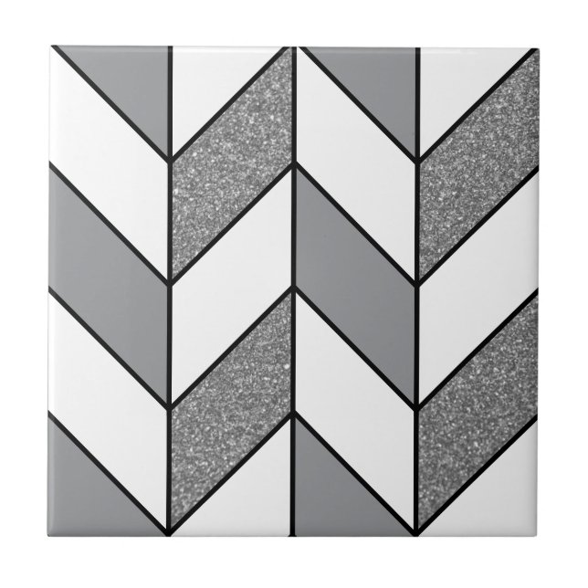 Modern Grey Glitter Herringbone Chevron Pattern v2 Ceramic Tile (Front)