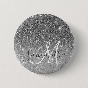 Modern Grey Glitter Sparkles Personalised Name 6 Cm Round Badge