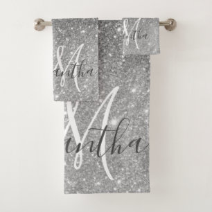 Modern Grey Glitter Sparkles Personalised Name Bath Towel Set