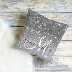 Modern Grey Glitter Sparkles Personalised Name Cushion