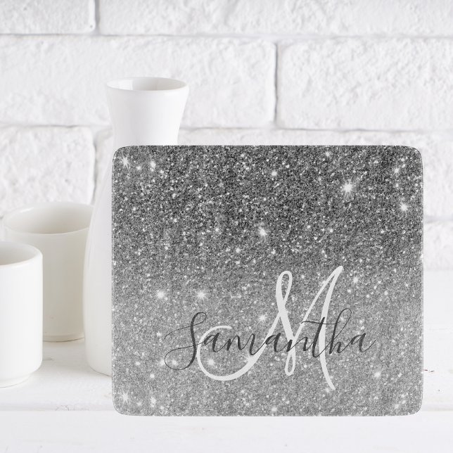 Modern Grey Glitter Sparkles Personalised Name Cutting Board (Creator Uploaded)