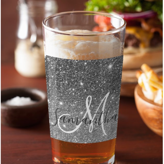 Modern Grey Glitter Sparkles Personalised Name Glass (Creator Uploaded)